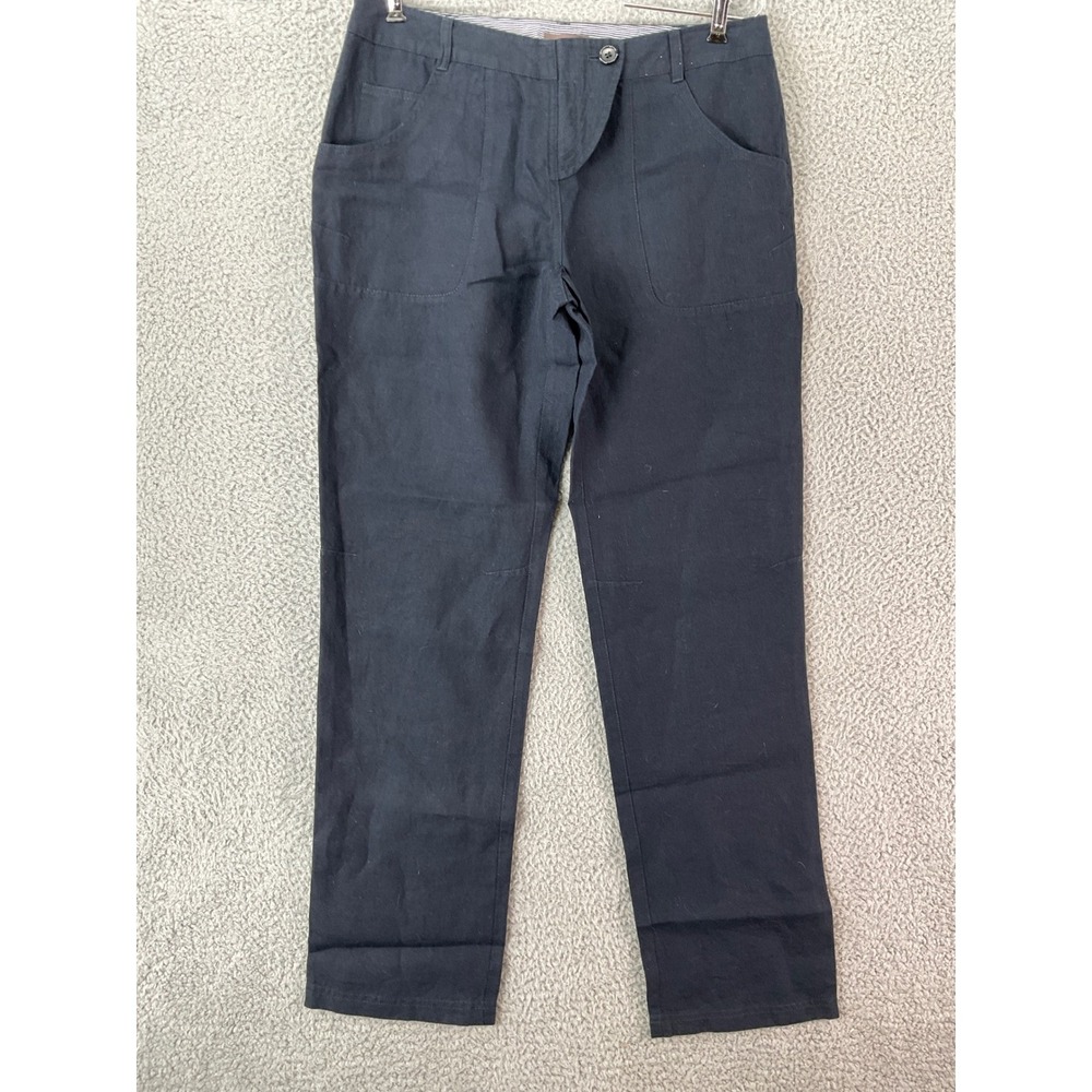 Wrap‎ London Linen Pants Womens 8 Navy Blue Straight Leg Casual Natural Fiber